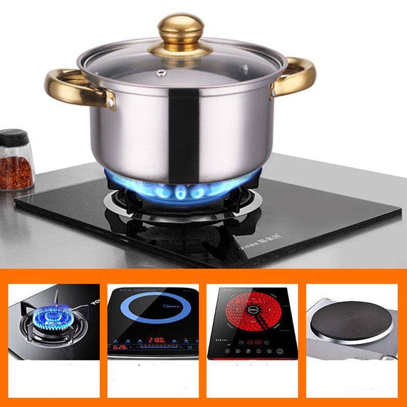 Stainless Steel Cookware Set 12PCS shown on gas and induction stoves, highlighting compatibility with multiple heat sources.