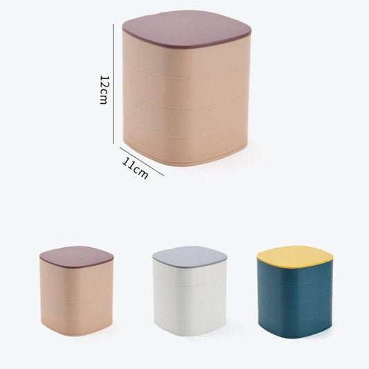 Rotatable Jewelry Organizer - 4 Layers in beige with purple lid, compact 12cm x 11cm design for efficient jewelry storage and easy access.