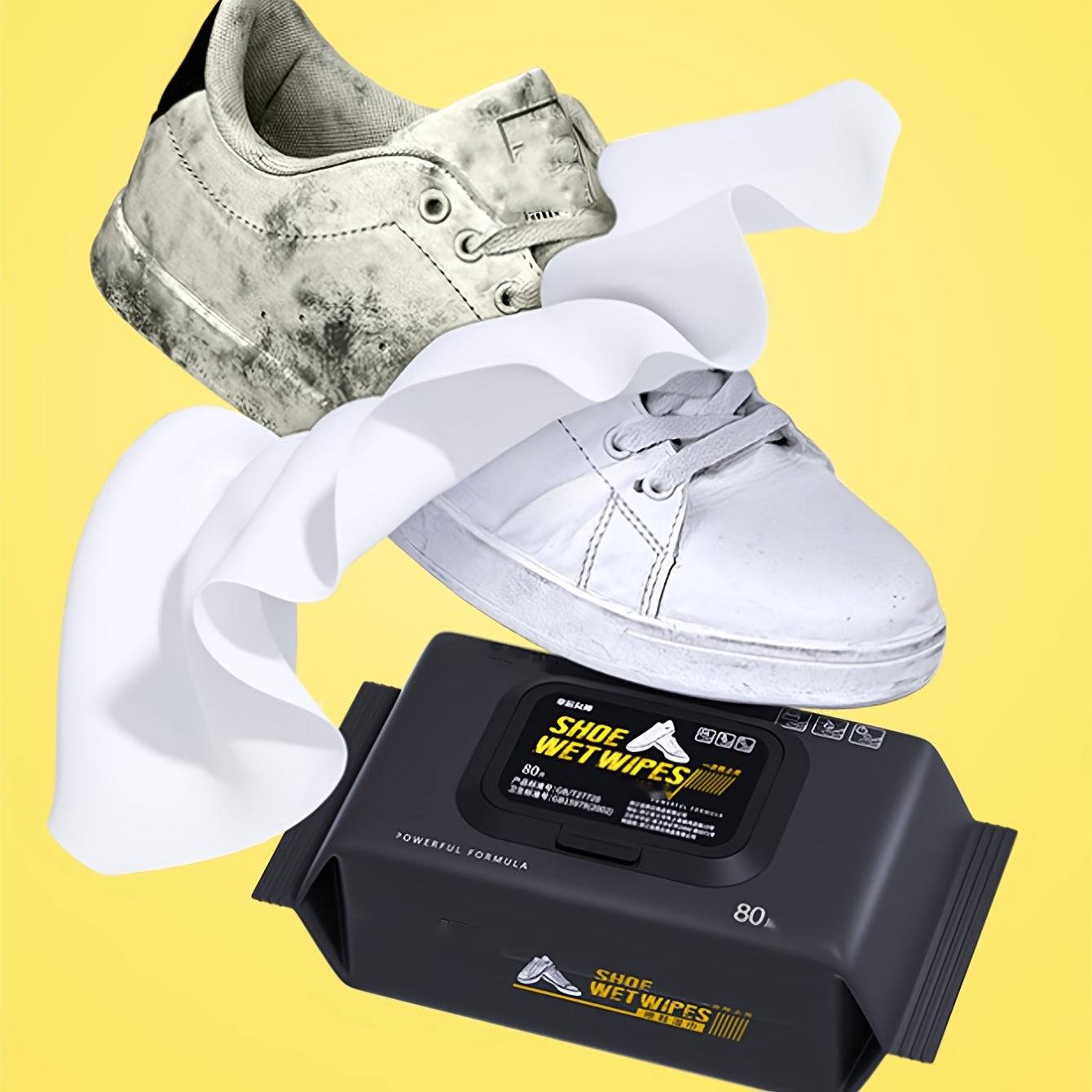 Shoe Cleaning Wipes 80PCS - Clean Shoes Effortlessly | 80 Wipes pack shown with dirty and clean sneakers, highlighting powerful cleaning effect.