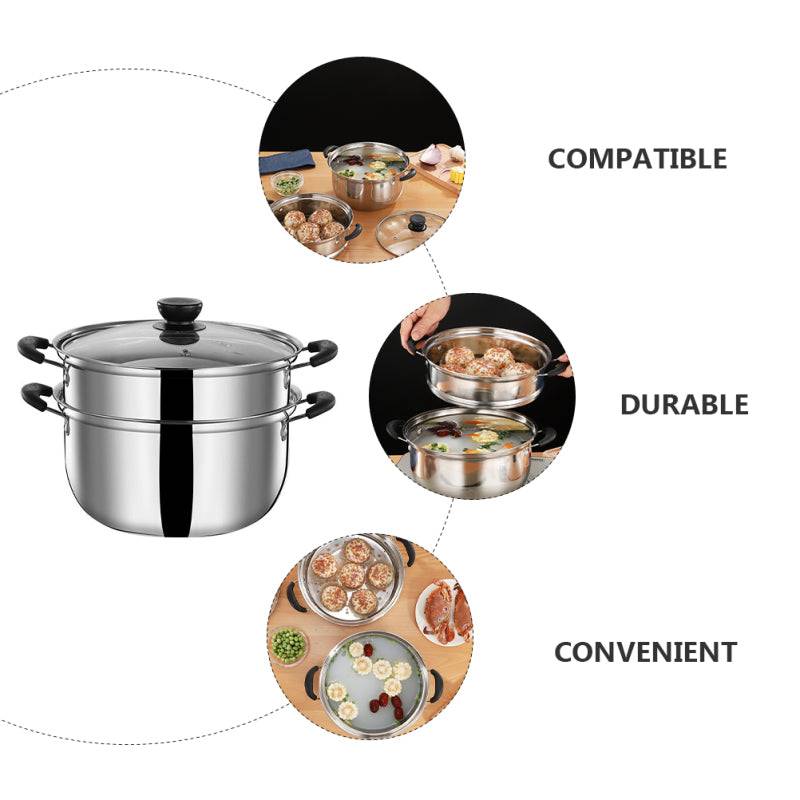 Stainless steel food steamer with two tiers and glass lid, ideal for steaming vegetables, dumplings, and seafood. Durable and compatible with all stovetops.