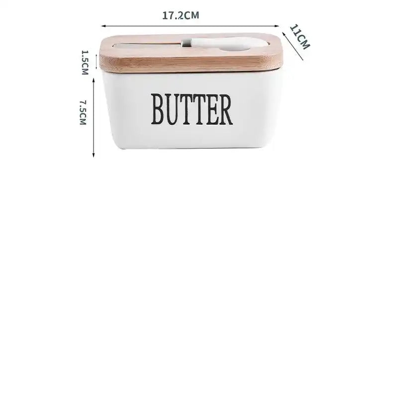Dimensions of ceramic butter dish with bamboo lid and knife: 17.2cm x 11cm x 7.5cm. Ideal kitchen accessory at best price in Sri Lanka.