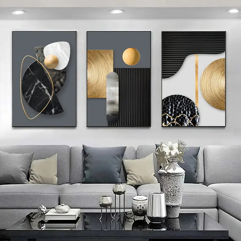 3PCS Frameless Geometry Art Canvas Print Sri Lanka featuring abstract black, gold, and white geometric shapes in a modern living room setting.