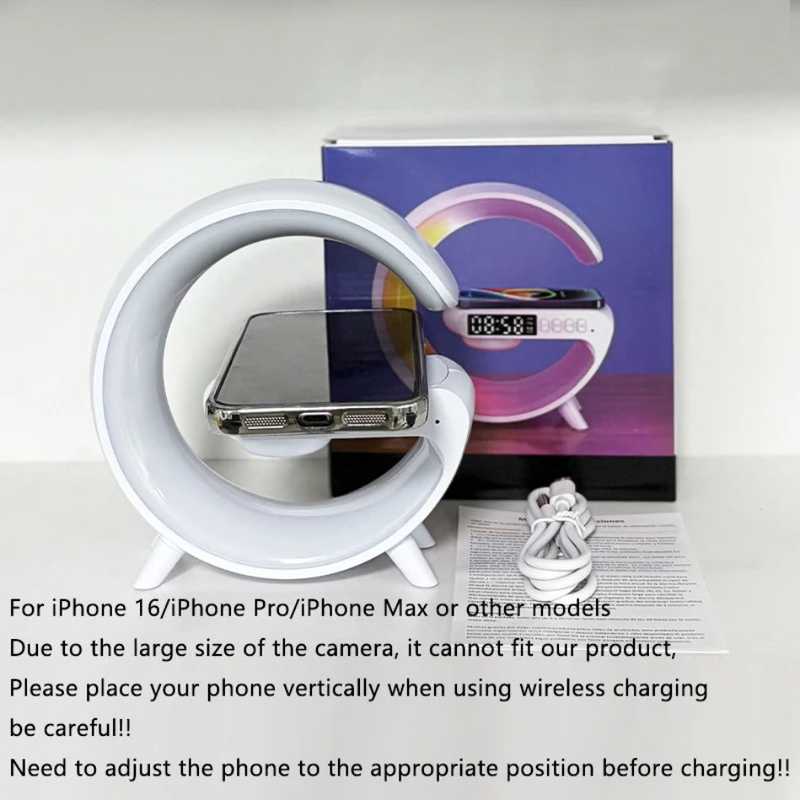 Smart Light Bluetooth Speaker with Clock shown with wireless charging for iPhone, includes USB cable and product packaging for electronics display.