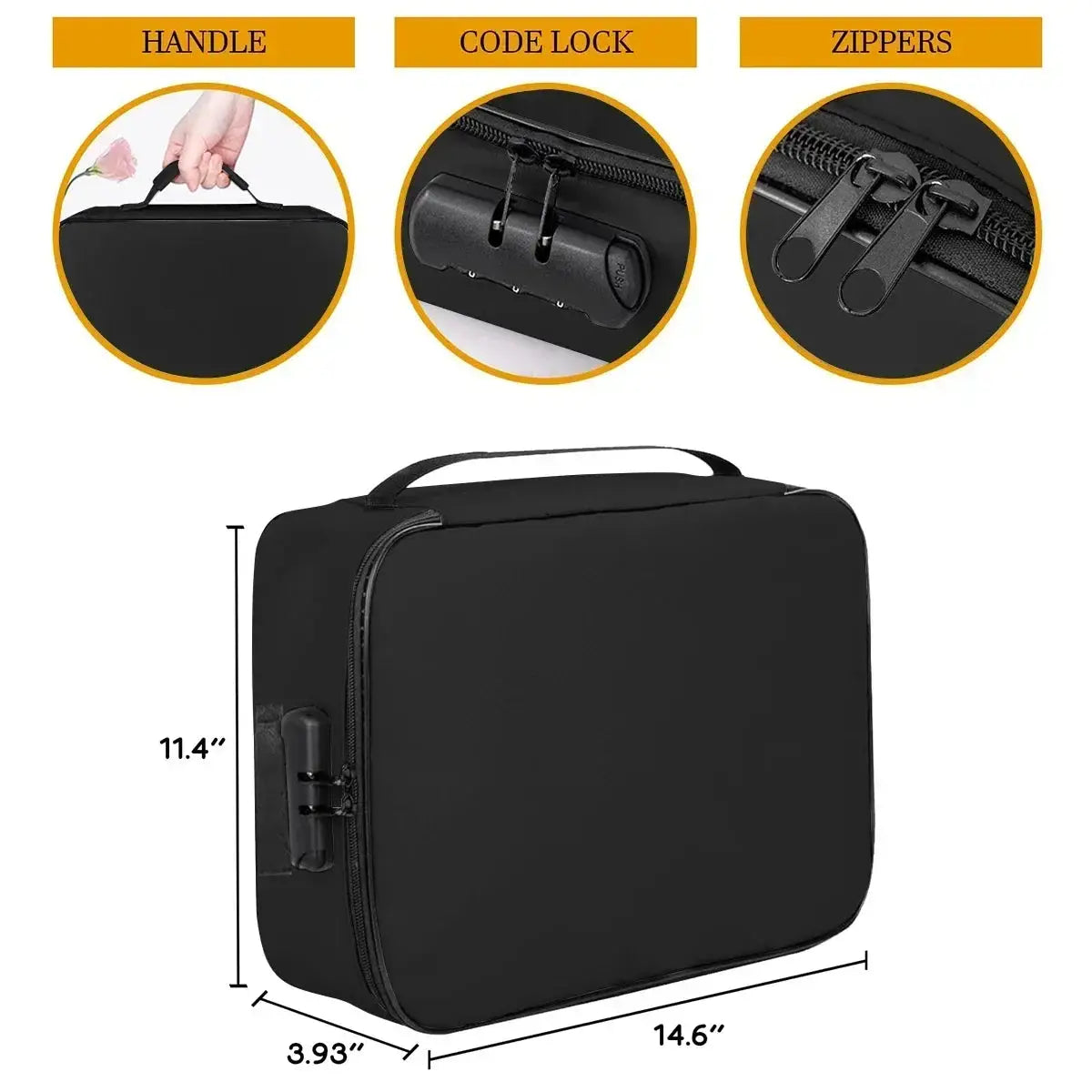 Black Passport Safe Storage Bag with handle, code lock, and dual zippers, measuring 14.6 x 11.4 x 3.93 inches for secure travel storage.