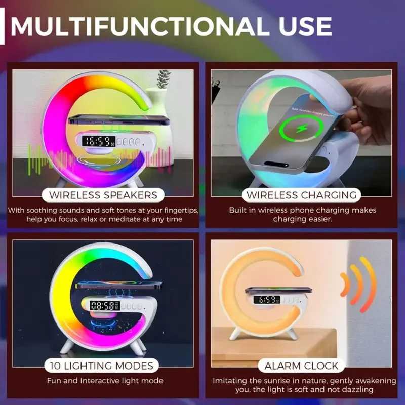 Multifunction Smart Light Bluetooth Speaker with Clock offering wireless charging, 10 lighting modes, alarm clock, and speaker functions in one device.