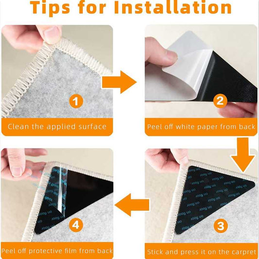 Step-by-step installation guide for 4PCS Rug Gripper Pad - Anti-Slip Carpet Protection, showing easy peel-and-stick application for home use.