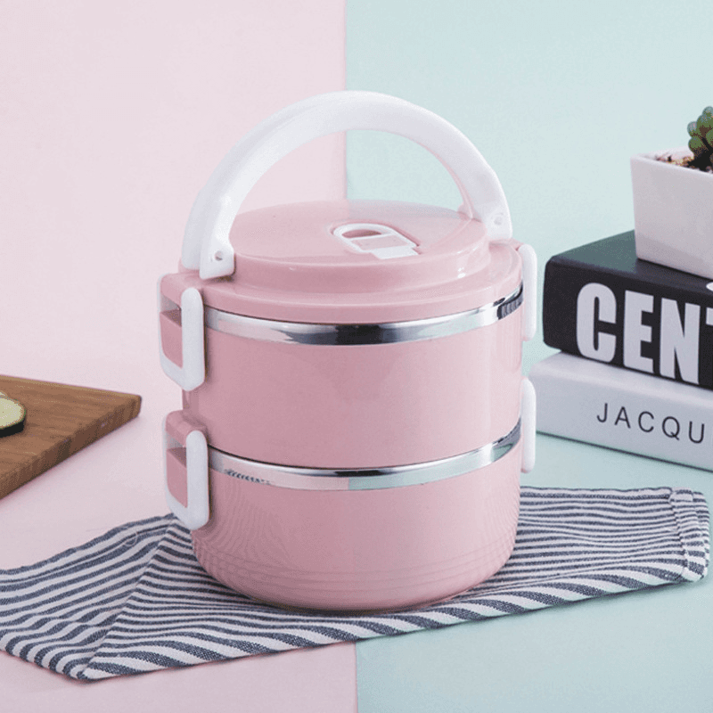 Pink double-layer insulated stainless steel lunch carrier 1.7L with a sturdy handle, designed to keep meals fresh. Ideal for work, school, or travel.