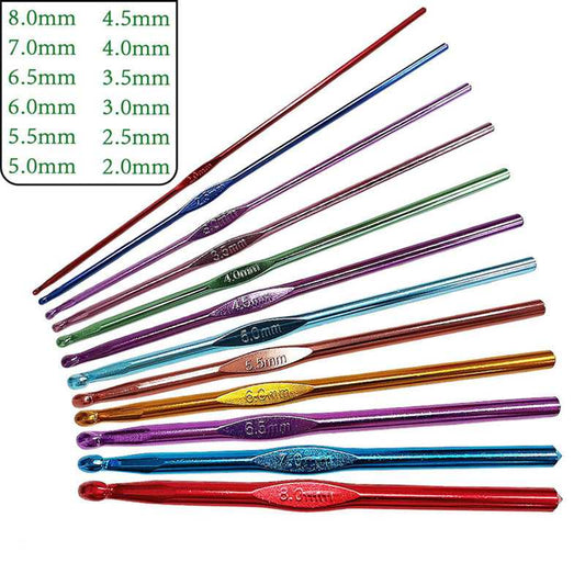 12PCS aluminum crochet hooks set in assorted colors with size range from 2.0mm to 8.0mm, ideal for wool weaving and knitting projects.