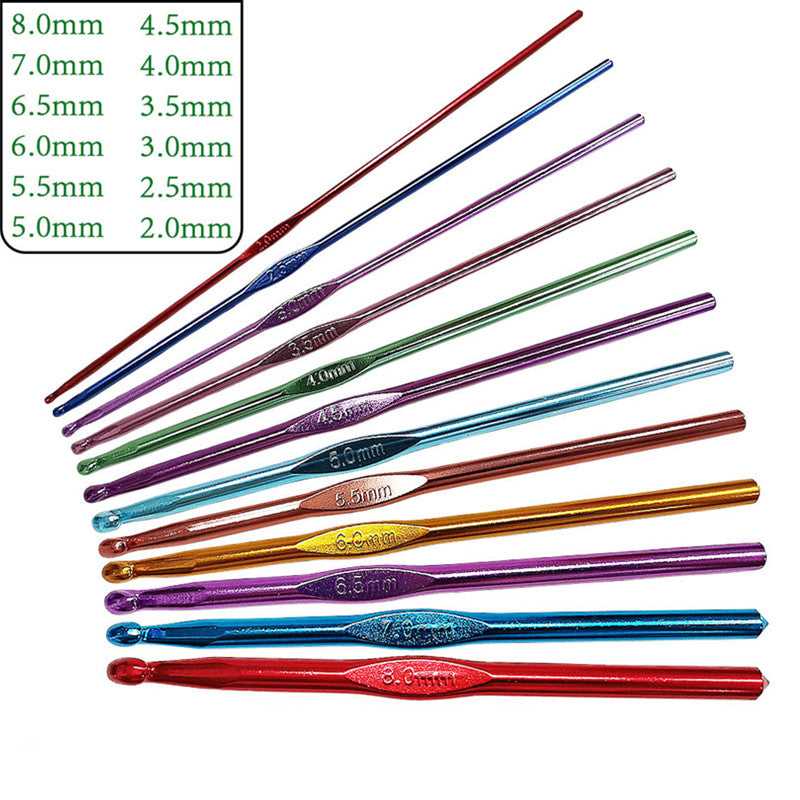 12PCS aluminum crochet hooks set in assorted colors with size range from 2.0mm to 8.0mm, ideal for wool weaving and knitting projects.