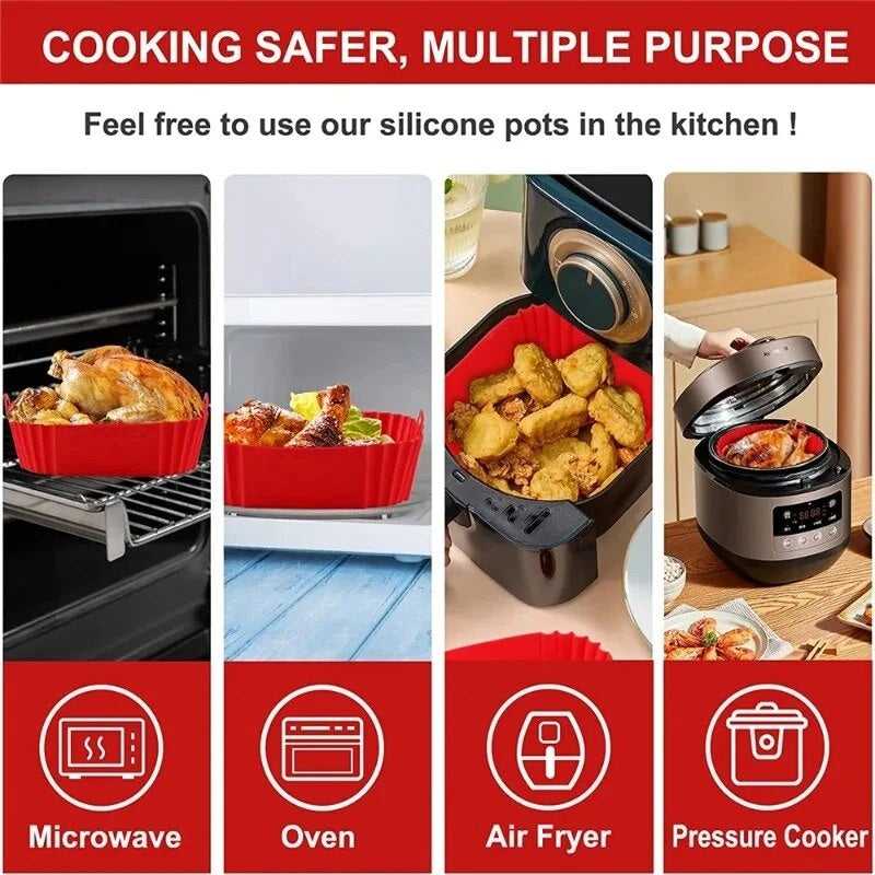 Square Air Fryer Liner - Reusable Silicone shown in multiple appliances like microwave, oven, air fryer, and pressure cooker for versatile kitchen use.