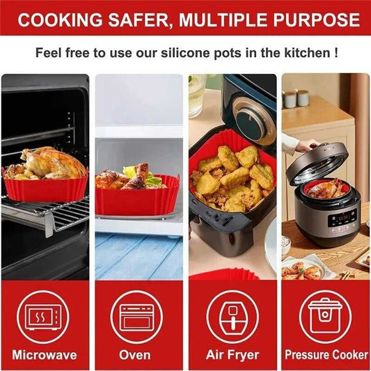 Square Air Fryer Liner - Reusable Silicone shown in multiple appliances like microwave, oven, air fryer, and pressure cooker for versatile kitchen use.