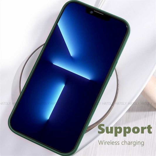 Xiaomi Redmi 13C TPU Back Cover supports wireless charging, shown with phone placed on charging pad in green case.