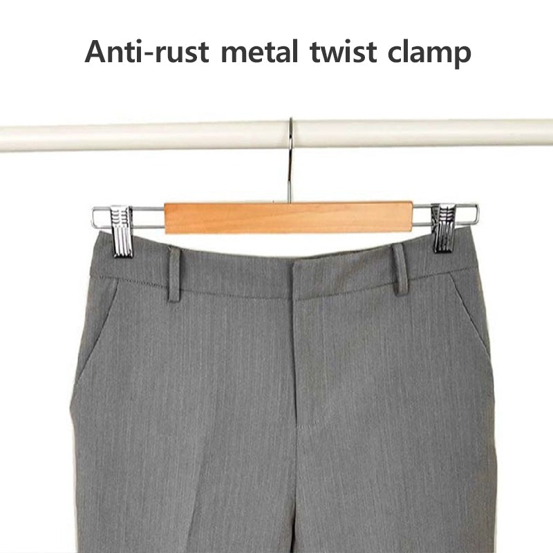 Close-up of 3PCS Wooden Jeans Hanger with anti-rust metal twist clamps, perfect for hanging trousers without creases in Sri Lanka.