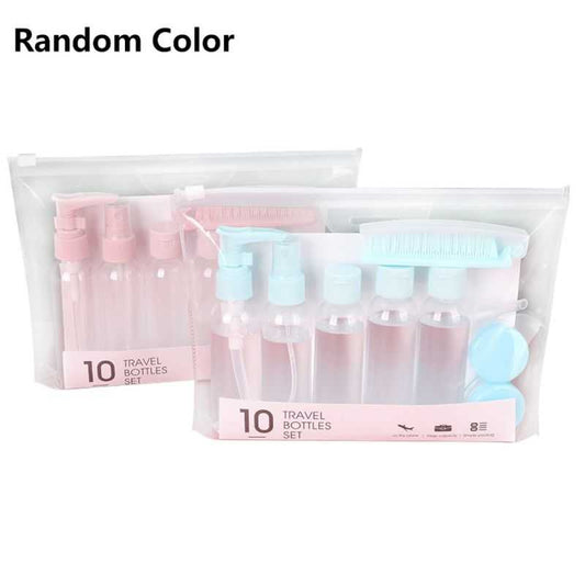 Travel Cosmetic Bottles 6PCS Set in clear plastic with pink and blue caps, ideal for organizing liquids in carry-on luggage. Includes pump, spray, and jars.