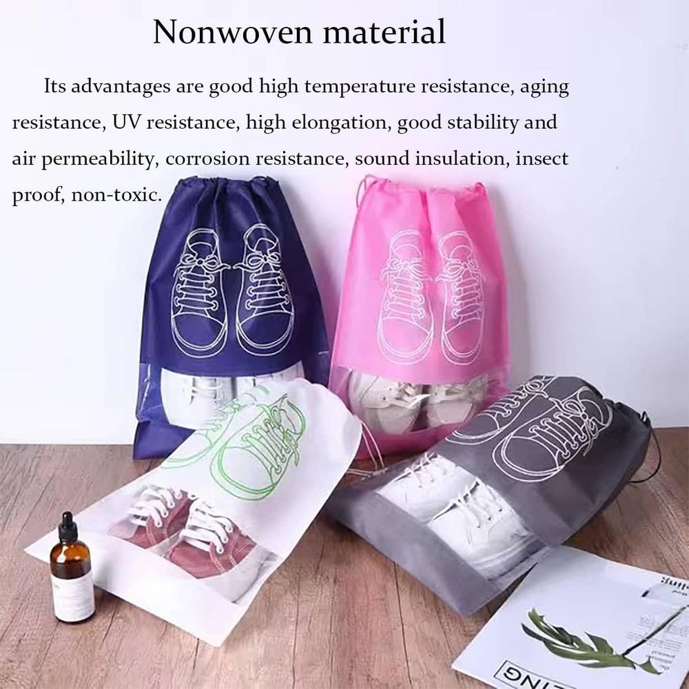 Colorful nonwoven shoe storage bags with transparent windows, emphasizing durability, air permeability, and travel-friendly design.