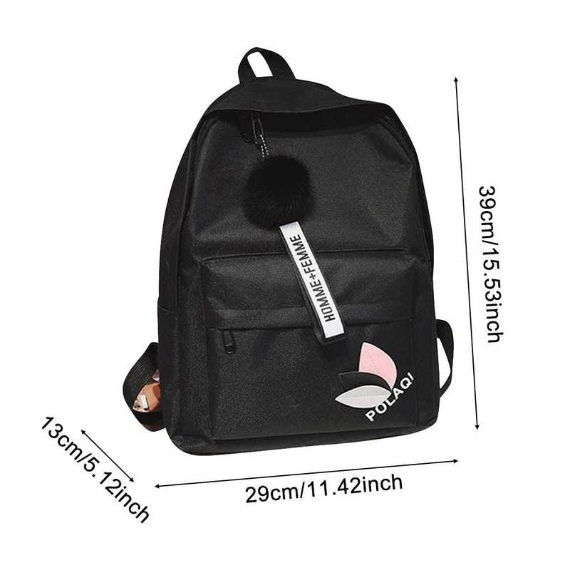 Black Casual Korean Canvas Backpack with dimensions 39x29x13cm, featuring a front pocket and keychain for stylish organization.