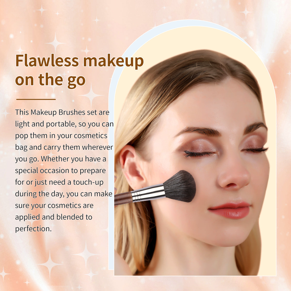 Model applying blush with HUDA BEAUTY Makeup Brush from 12PCS set, ideal for flawless makeup on the go with portable and lightweight design.