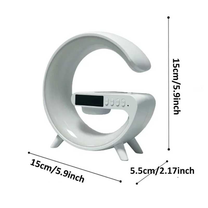 Smart Light Sound Machine Bluetooth Speaker with Clock in white, shown with dimensions for accurate sizing in audio electronics category.
