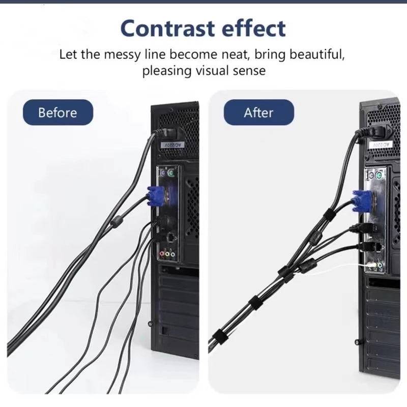 3M Cable Tape - Reusable Fastening shows before and after cable management on a PC setup. Neatly bundled wires improve workspace aesthetics.