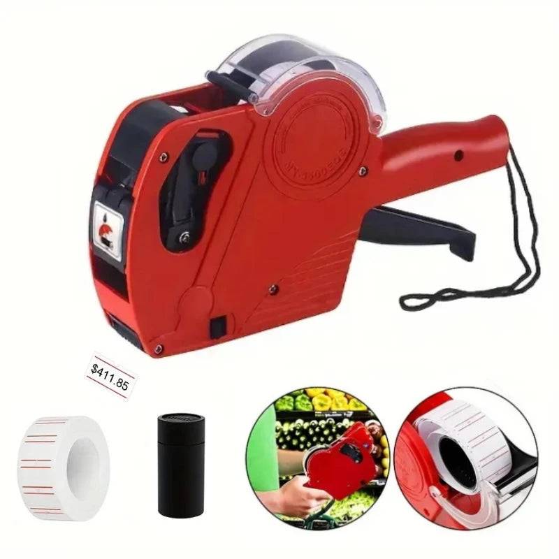 Red Price Label Machine tape dispenser for retail pricing with roll of labels and ink cartridge. Ideal for accurate product labeling in stores.