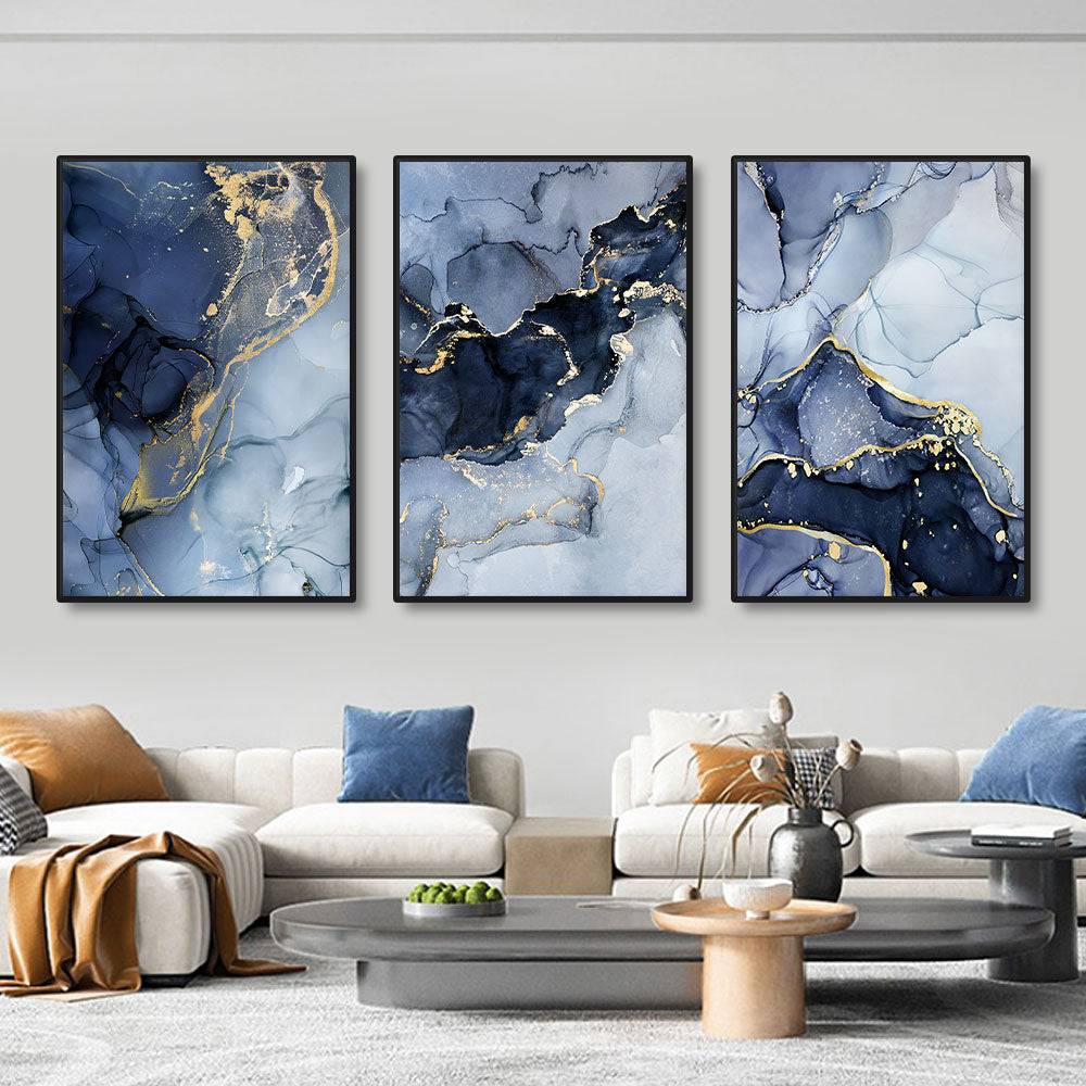 Elegant 3 PCS Gold Blue Marble Canvas Print 40 x 60 cm featured in a stylish interior. Buy Canvases - Wall Art Design online in Sri Lanka from Bamagate.com