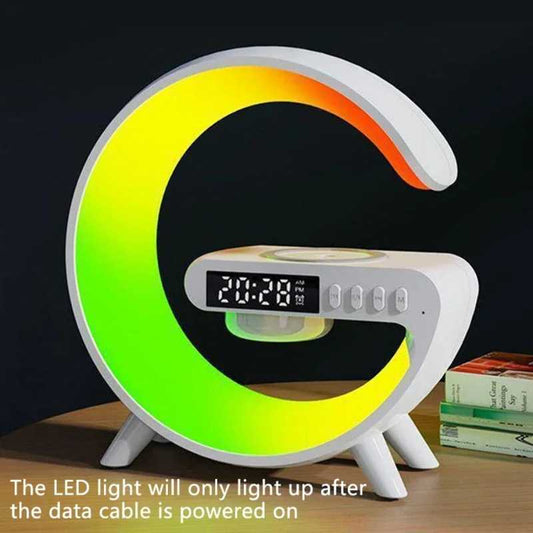 Smart Light Sound Machine Bluetooth Speaker with Clock featuring LED lighting in a G-shaped design, ideal for modern audio and decor setups.