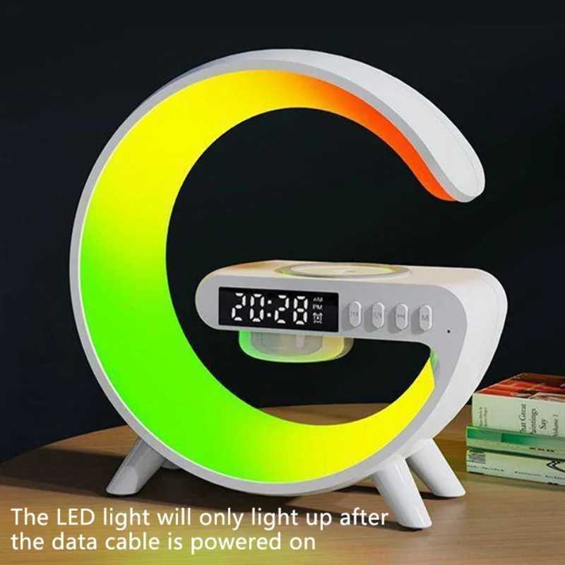 Smart Light Sound Machine Bluetooth Speaker with Clock featuring LED lighting in a G-shaped design, ideal for modern audio and decor setups.