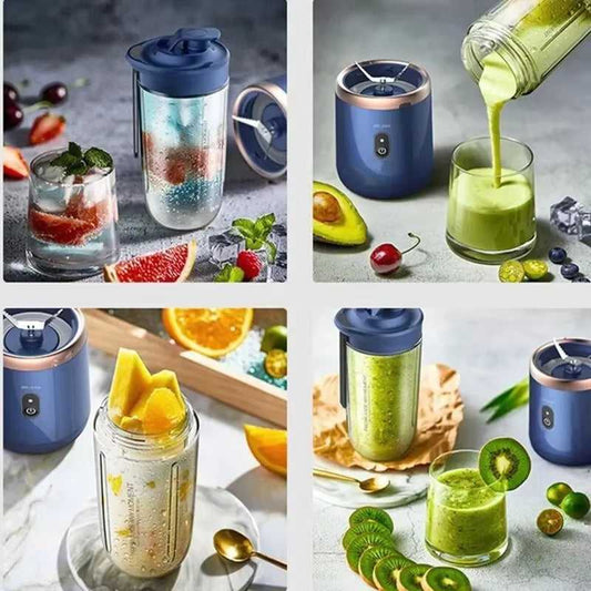 Rechargeable portable juicer 400 ml shown in use with various fruits like kiwi, avocado, and citrus, perfect for healthy lifestyle blending.
