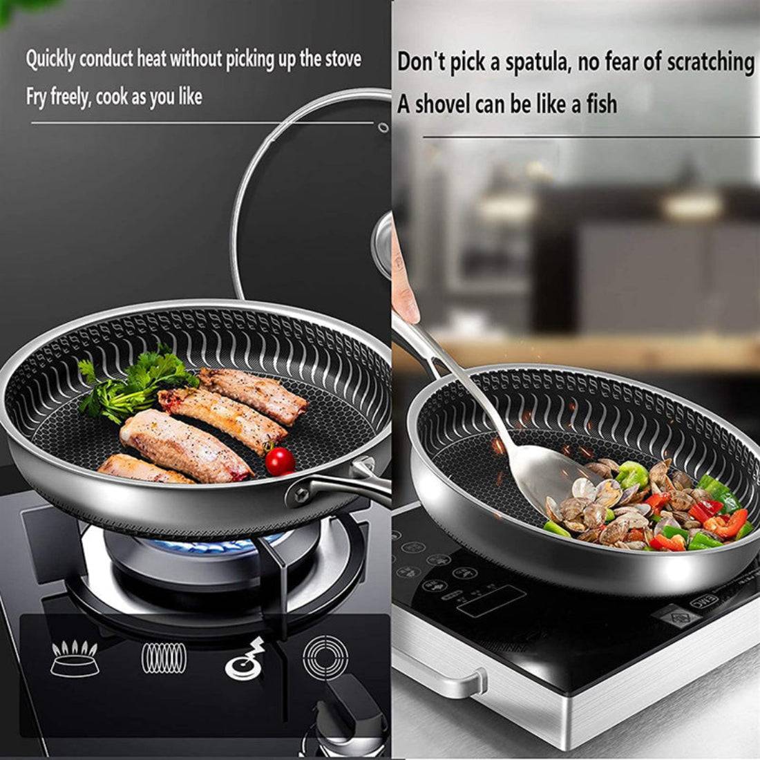 Non-stick stainless steel frying pan with rapid heat conduction, scratch-resistant surface, and compatibility with gas and induction stoves.
