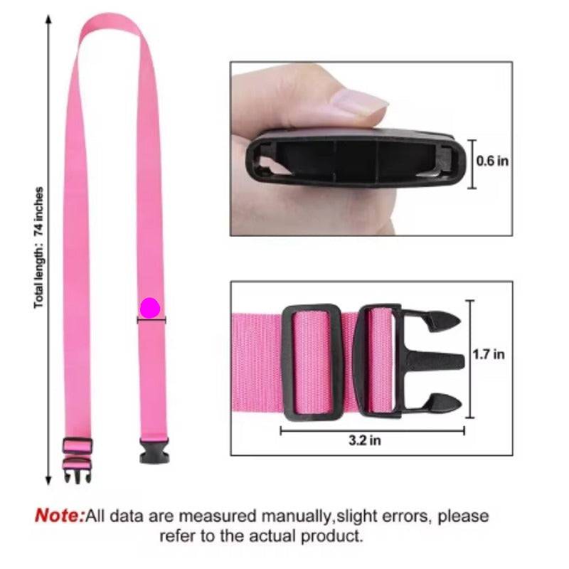 Pink Luggage Strap with Plastic Buckle dimensions and close-up details, highlighting adjustable length and secure locking mechanism for travel use.