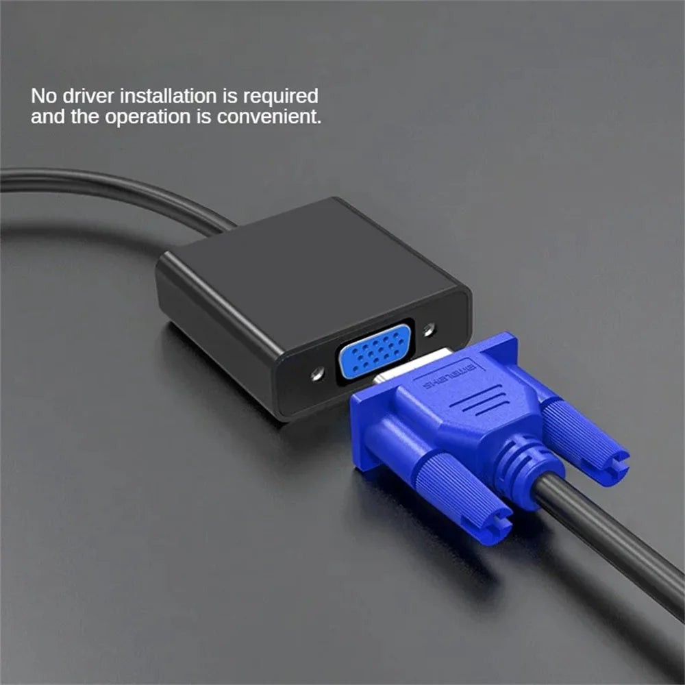 Close-up of USB 3.0 to VGA Converter Adapter connected to a VGA cable, showcasing easy plug-and-play setup for video output.
