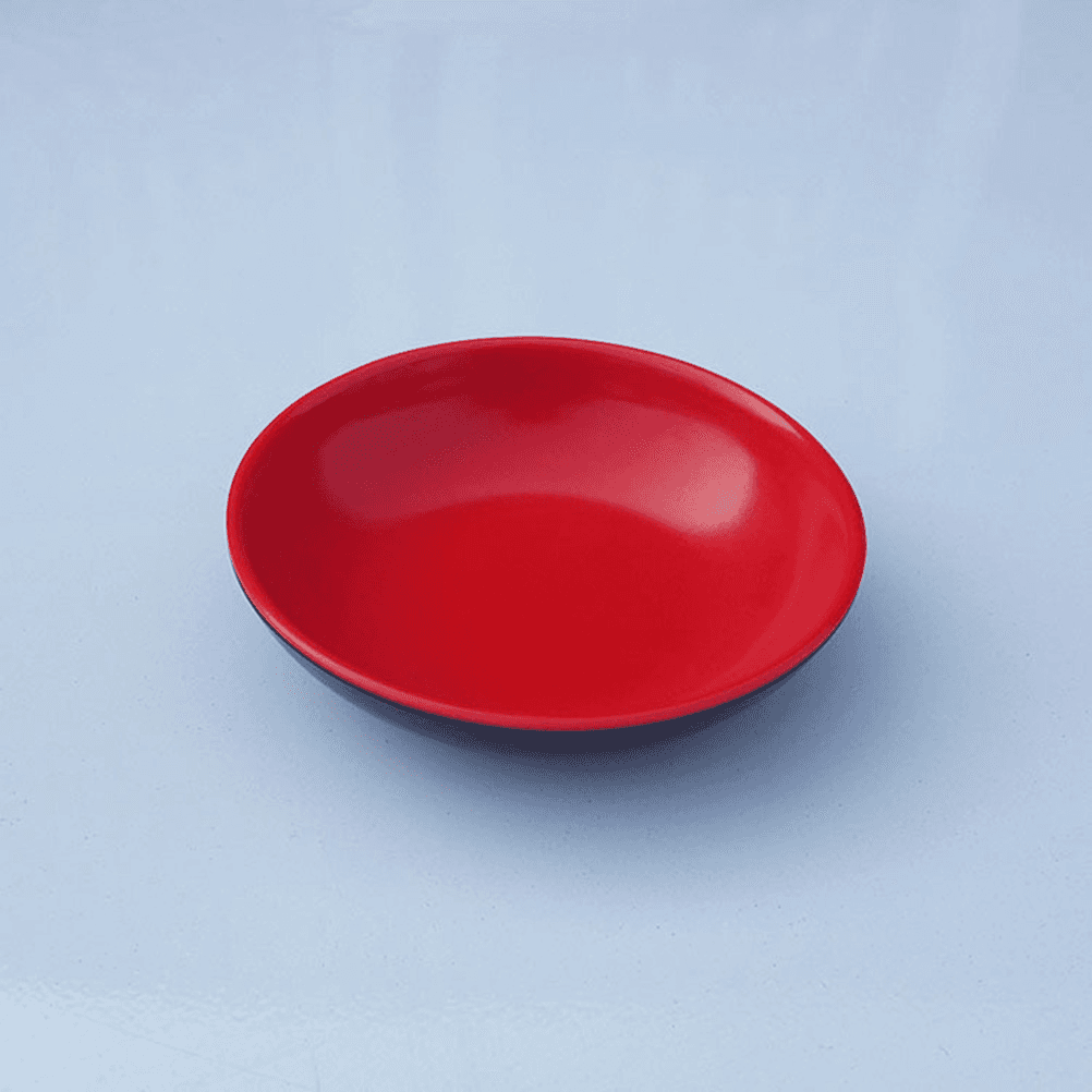 Single red melamine sauce dish from the 4PCS set, perfect for dipping sauces and resistant to scratches for long-lasting use.