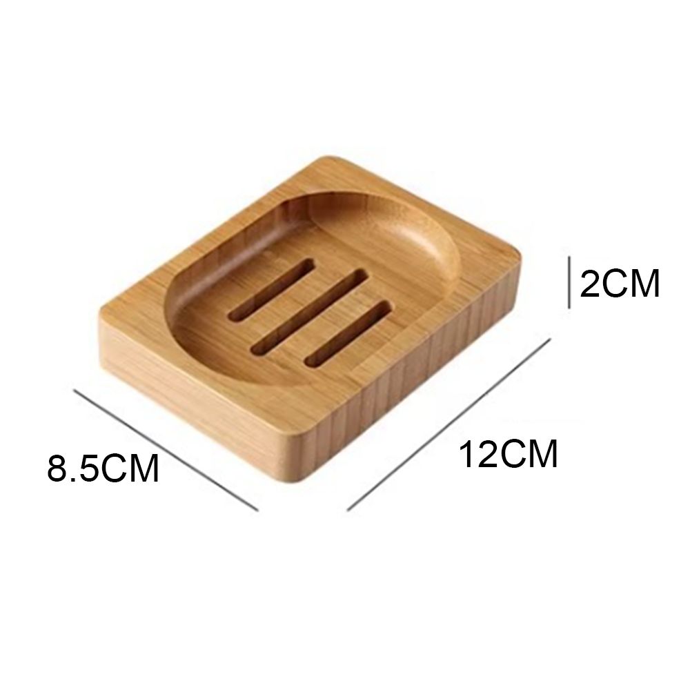 Wooden Soap Tray Dish with dimensions 12x8.5x2cm, crafted from bamboo with drainage slots for long-lasting bathroom use.