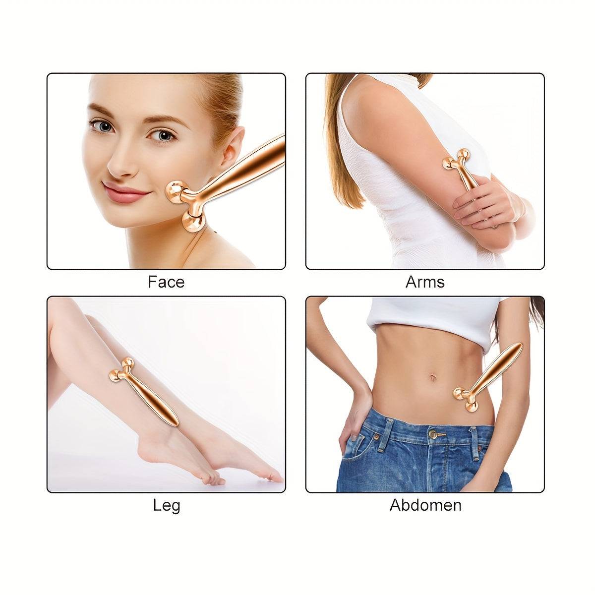 3D Face & Body Massager Roller used on face, arms, legs, and abdomen by female models, demonstrating versatility in full body massage and contouring.