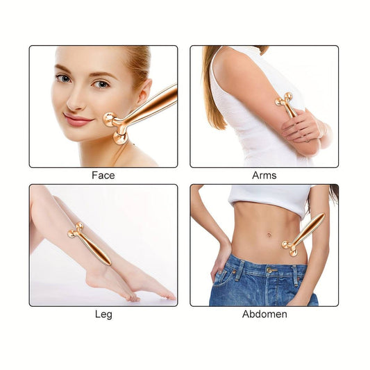 3D Face & Body Massager Roller used on face, arms, legs, and abdomen by female models, demonstrating versatility in full body massage and contouring.