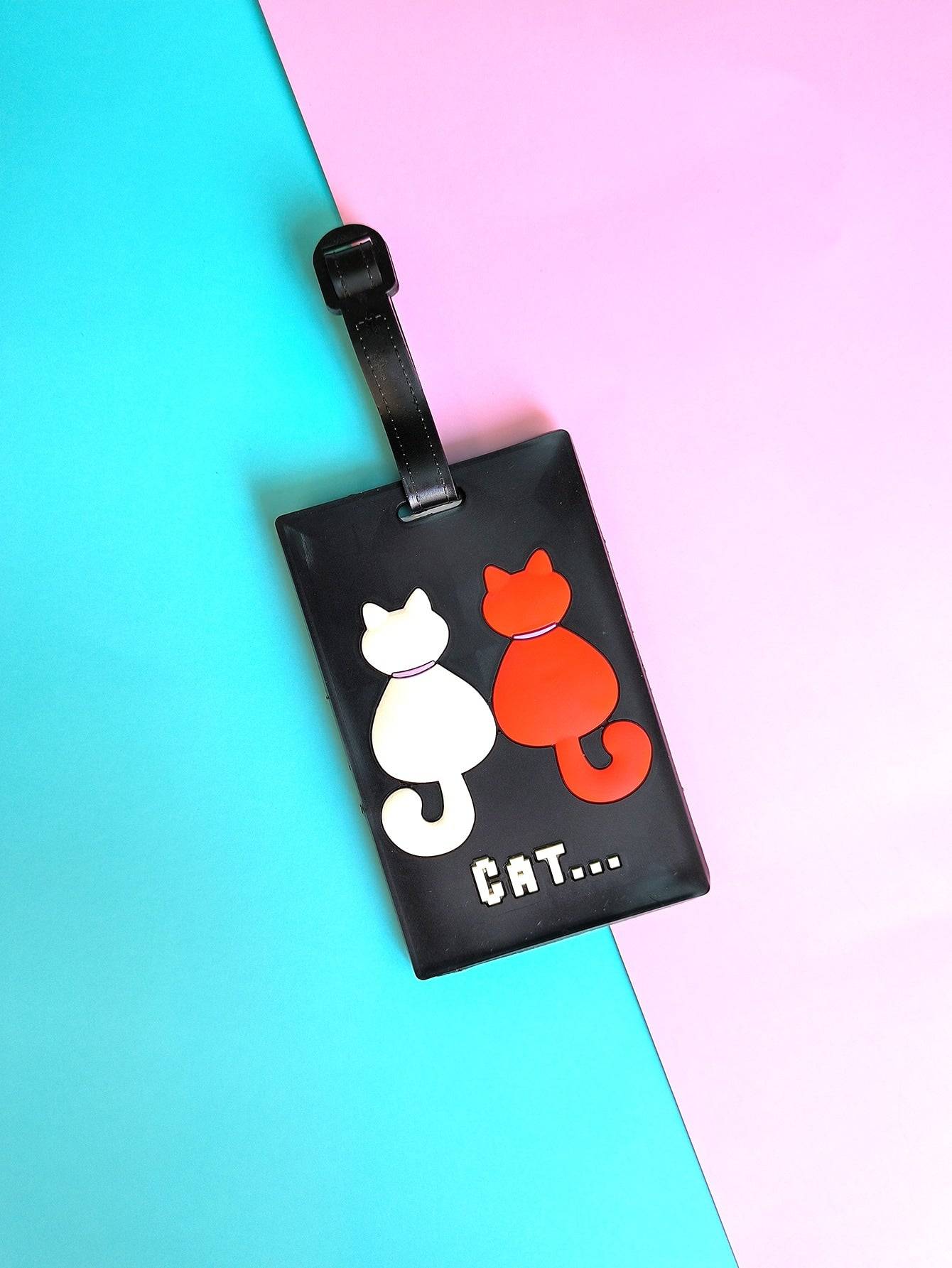 Black silicone Travel Luggage Tag with red and white cat design and 'CAT...' text, perfect for identifying luggage with style.