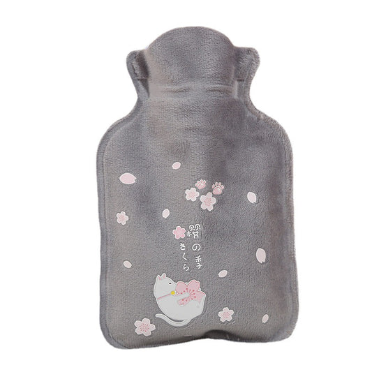 Gray insulating plush hot water bottle featuring a cat and cherry blossom design, perfect for cozy heat retention in bedding.