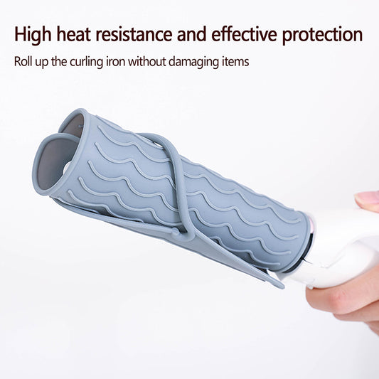 Gray Hot Styling Tool Mat wrapped around a curling iron, showcasing high heat resistance and safe storage for hot hair tools.