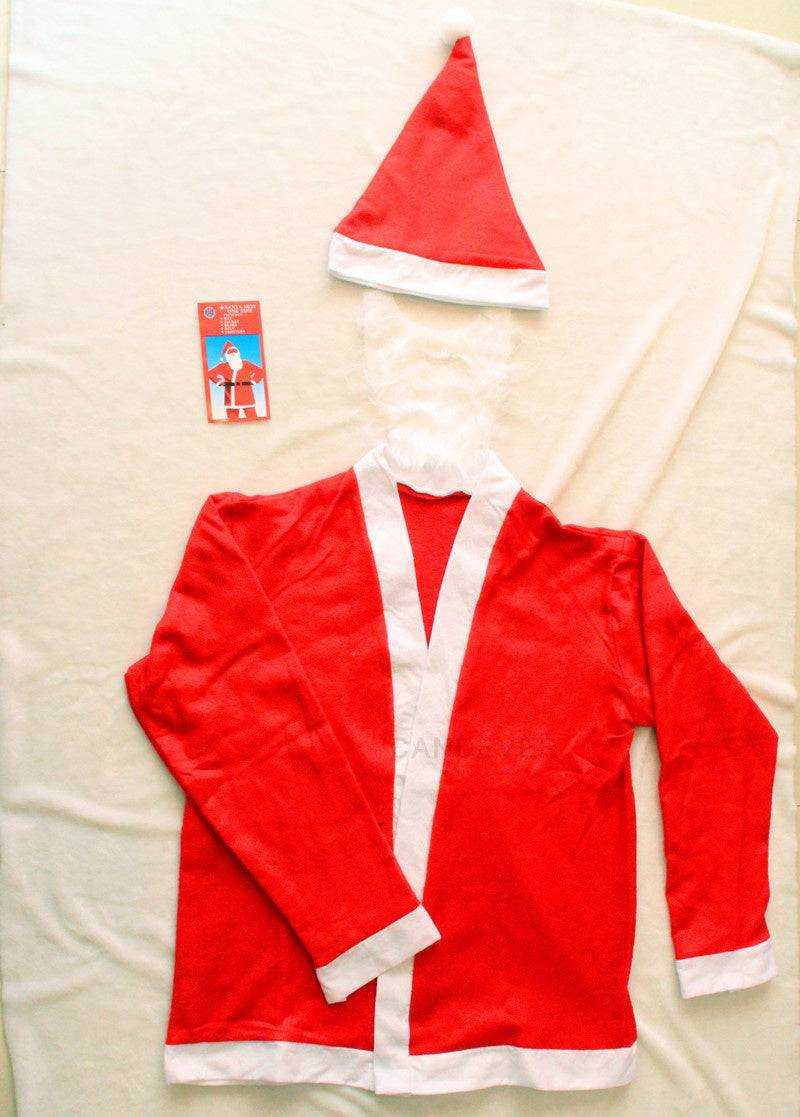 Laid-out Adult Santa Costume showing red coat, white-trimmed hat, and beard from the Claus Suit Set, perfect for seasonal Christmas wear.