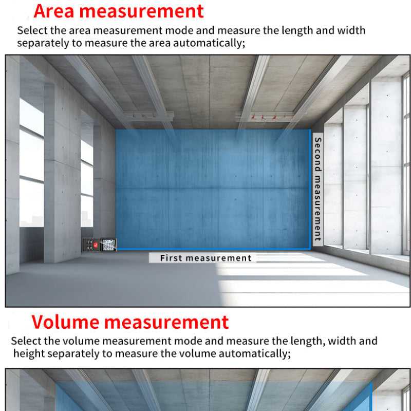 Laser Distance Meter 50M demonstrating area and volume measurement modes for accurate construction and interior design calculations.