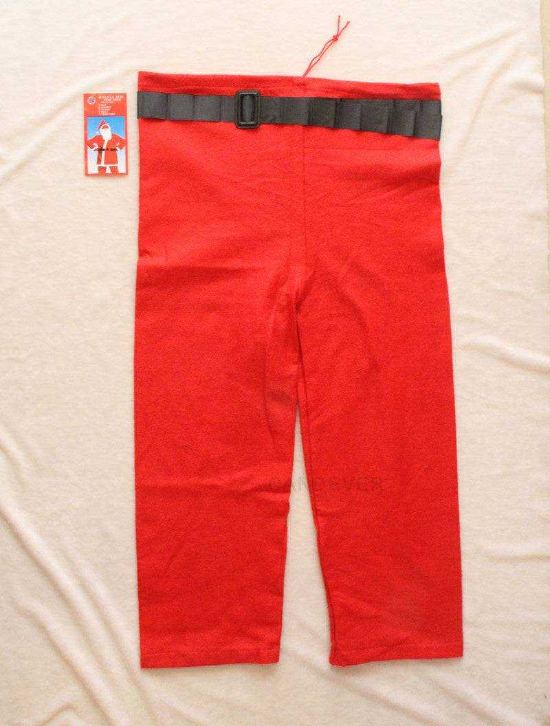 Red Santa pants with black belt from the Adult Claus Suit Set, part of a 6-piece Christmas costume ideal for festive apparel in Sri Lanka.