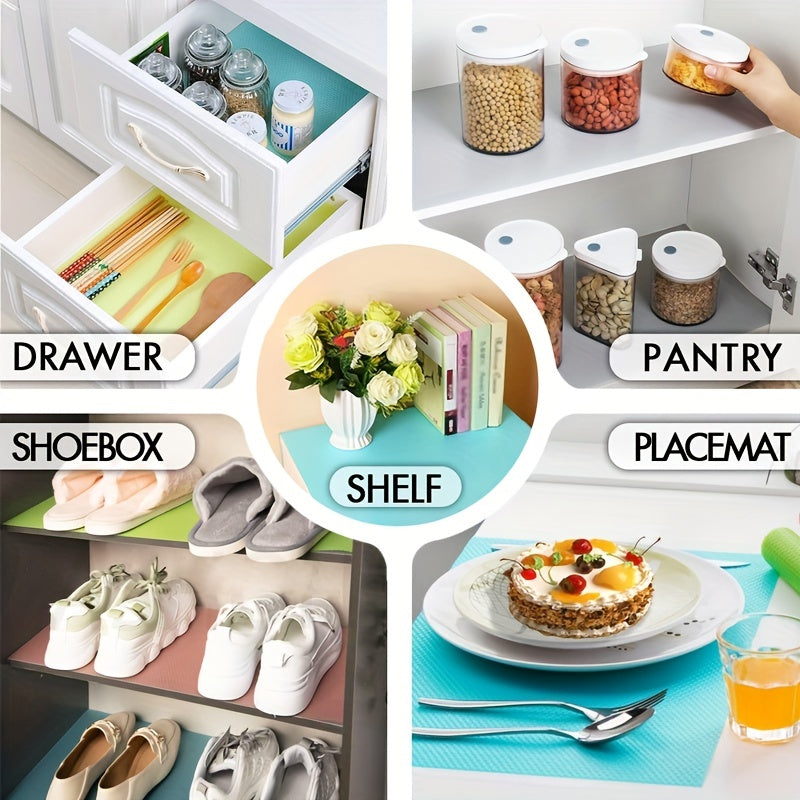 Multi-use Refrigerator Silicone Shelf Liner 30 x 45 cm shown in drawers, pantry, shoebox, and as placemat, ideal for kitchen and home organization.