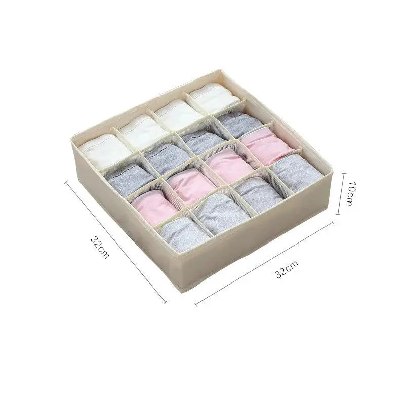 Beige Drawer Underwear Organizer - Divided Box with 16 compartments, measuring 32x32x10cm, perfect for home cloth storage solutions.