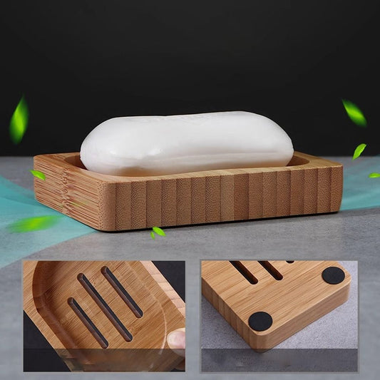 Wooden Soap Tray Dish with anti-slip pads and drainage design, shown with soap bar and close-up views for durability and function.
