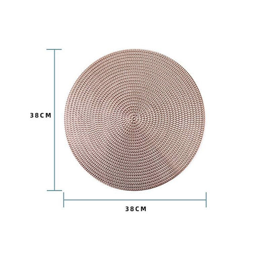 Gold Round PVC Table Placemat 38cm with measurement guide, highlighting its size and round shape for home and kitchen table use.