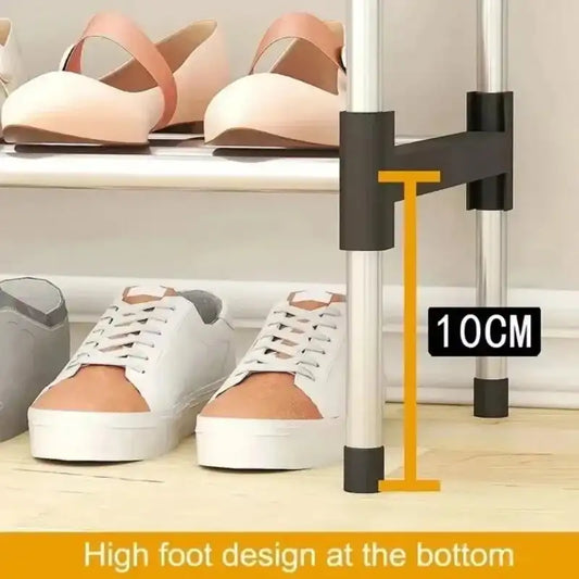 Close-up of 8 Layer Metal Shoe Rack's 10cm high foot design, offering elevated storage to keep shoes clean and well-ventilated.