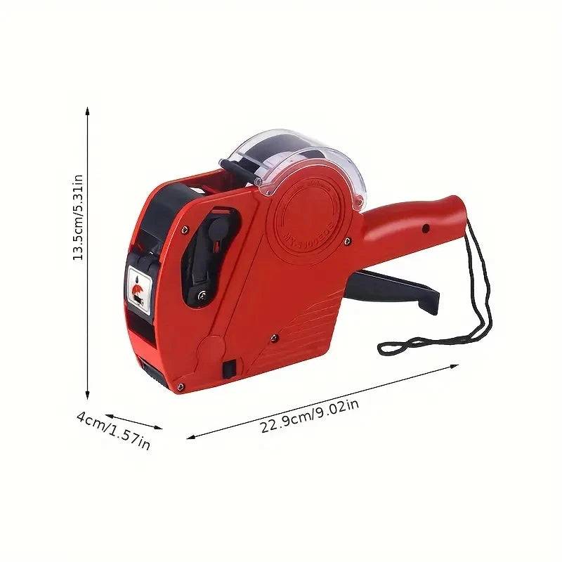 Red Price Label Machine tape dispenser with ergonomic handle and clear cover, ideal for accurate pricing in retail and office settings.