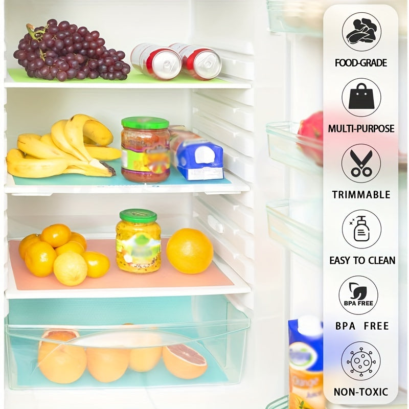 Refrigerator Silicone Shelf Liner 30 x 45 cm used in fridge shelves with fruits and jars, highlighting its food-safe, non-toxic, and washable design.