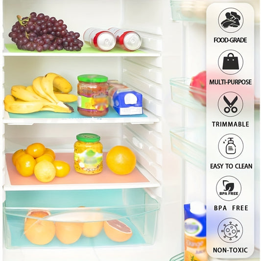 Refrigerator Silicone Shelf Liner 30 x 45 cm used in fridge shelves with fruits and jars, highlighting its food-safe, non-toxic, and washable design.