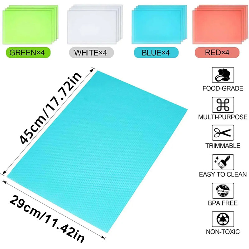 Refrigerator Silicone Shelf Liner in blue with size 45x29 cm, shown with color options and features like BPA-free, food-grade, and easy to clean.